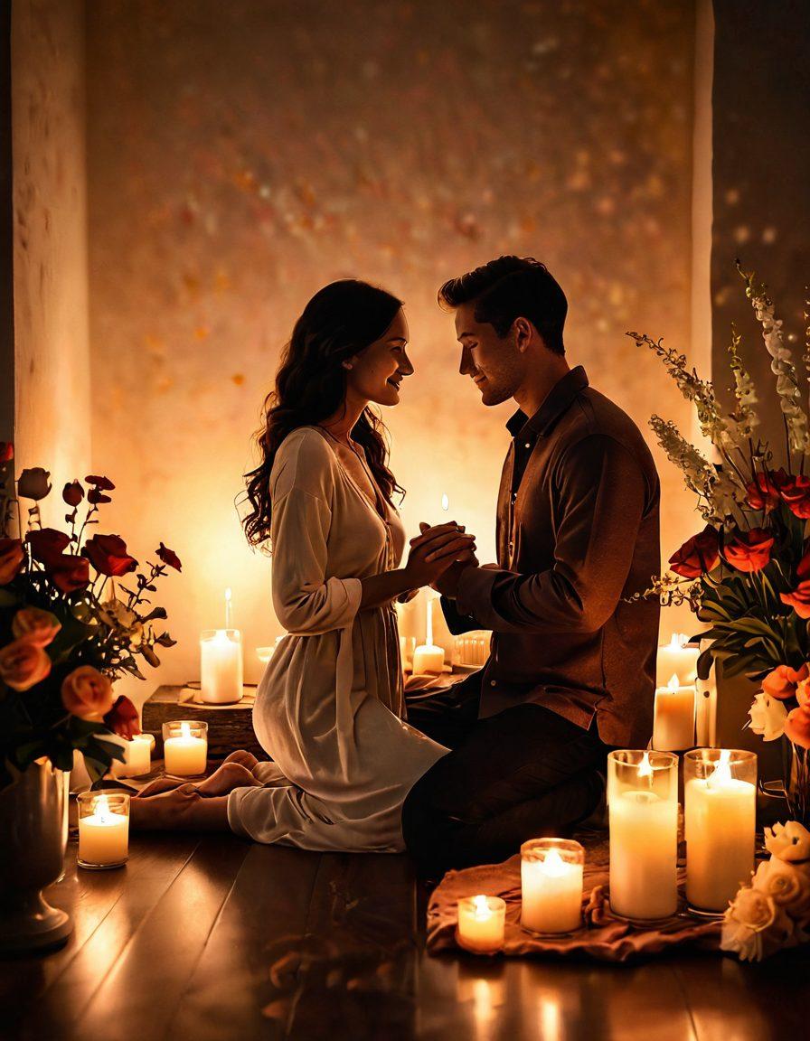 A cozy, intimate setting featuring a couple holding hands and sharing a warm, heartfelt moment surrounded by soft candlelight and flowers. In the background, subtle hints of symbols representing passion and connection, like hearts and intertwined circles, create a romantic atmosphere. The scene is infused with warm colors and gentle lighting to enhance the emotional vibe. super-realistic. warm tones. soft focus.