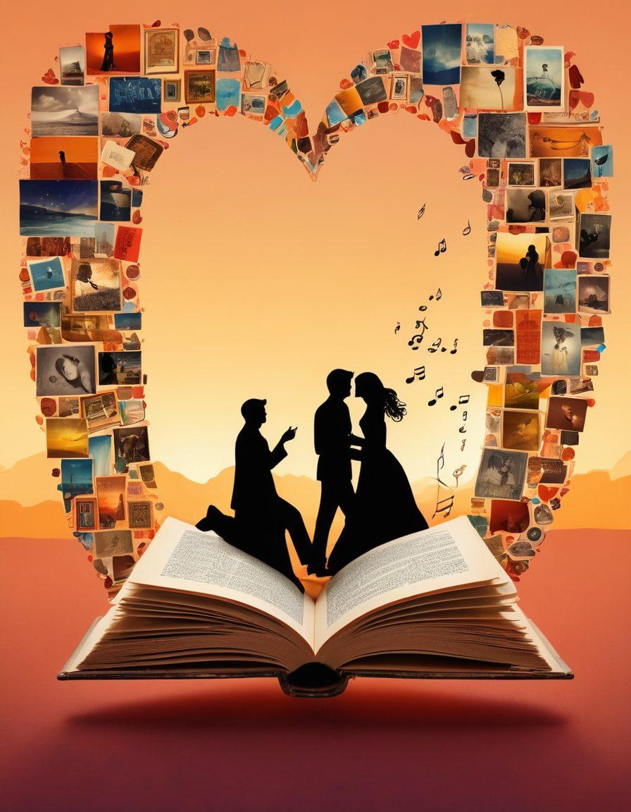 A whimsical collage depicting various romantic narratives in multimedia formats, featuring open books, movie reels, music notes, and vibrant digital screens. Soft, warm colors radiate love and connection, with silhouettes of couples enjoying each medium. Elements should blend seamlessly to showcase engagement through storytelling. dreamy art style. warm colors. 3D effect.